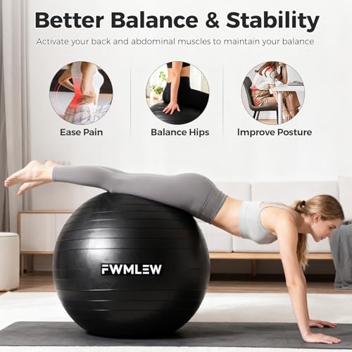 Image of Extra Thick Exercise Yoga Ball, 5-Size Anti-Burst Heavy Duty Stability Gym Ball for Fitness, Core Workout, Pregnancy & Office Chair, Includes Quick Pump