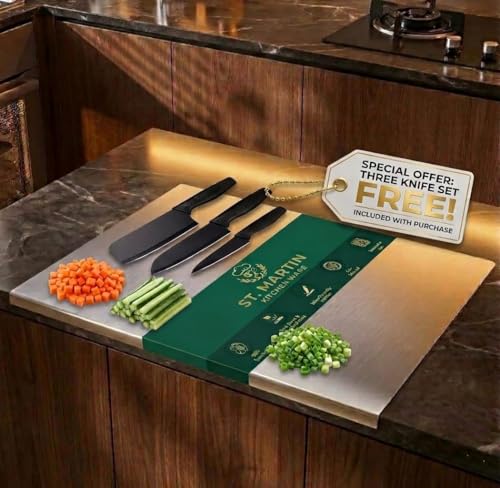 Image of Extra Large 304 Stainless Steel Cutting Board (41x31 cm) with Free 3 Knife Set - Heavy Duty Chopping Board for Meat, Vegetables, Fruits & Kitchen Countertop - Easy to Clean, Rust Resistant & Durable