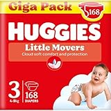 HUGGIES   Little Movers   Couches bébé taille 3 (4 9kg)   Absorbtion rapide, Pas de Fuite, jusqu'à 12h au Sec   Confort & Protection   Ceinture extensible ultra douce   Pack 1 mois 168 Couches