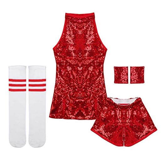 dPois Disfraz de Animadora Bailarian Tenis para Niña Ropa de Danza Hip Hop Jazz Baile Callejero Vestido Lentejuelas Brillante Traje Infantil Pom Pom Porristas Costume Rojo 7-8 Años