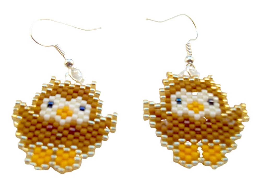 Handmadeby Artie Brown and Gold Small Owl Seed Bead Picture Dangle Earrings