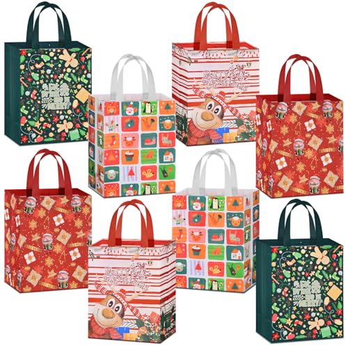 AhfuLife Christmas Bags for Gift, 26 x 21 x 12cm, 8pcs Xmas Gift Tote Bags with Handles, Reusable Multipack Non-woven Christmas Treat Shopping Bag for Children, Xmas Party Favor Decorations
