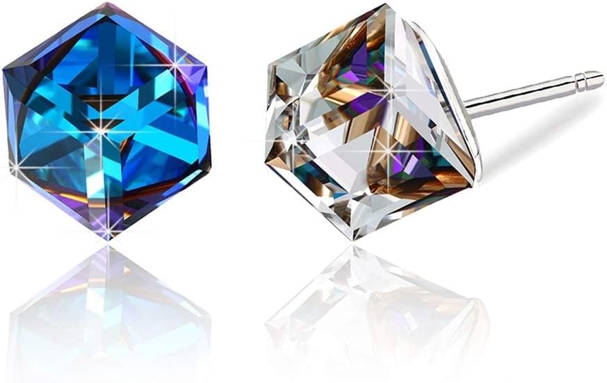 Cube Austrian Crystal Drop Stud Earrings for Women Fashion S925 Sterling Silver Hypoallergenic Jewelry