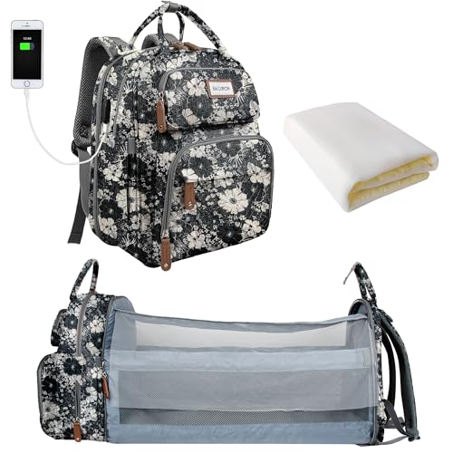 SNDMOR Wickeltasche Rucksack, Baby Wickeltasche mit Wickelstation, Große Unisex Babytasche mit Wickelunterlage, Großes Fassungsvermögen, Wasserdicht und Stylisch (Blumen)
