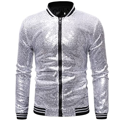 Image of babyhealthy Mens Mermaid Sequin Jacket Zip Up Sparkle Jacket Blazer Bomber Jacket Halloween Party Disco Metallic Jacket