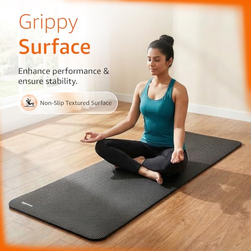 Image of Amazon Basics NBR Yoga & Exercise Mat with Carrying Strap | 10 mm Thick Cushioned Support | Non-Slip Textured Surface | Durable Foam Rubber Material | Floor Protection | Ideal for Yoga, Pilates & Home Workouts | 183 x 61 cm | Black
