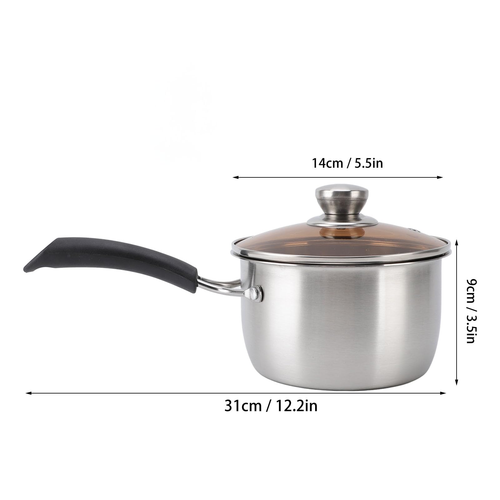 Casquette, casserole de lait de sauce, petite marmite à cuisson, moule à soupe en acier inoxydable avec un long couvercle en verre à poignée pour la cuisson à la cuisson (18 cm)