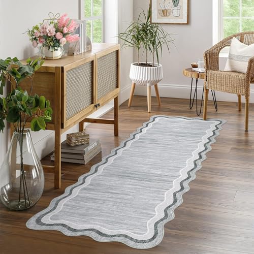 GarveeHome Washable Runner Rug 2x6 Kitchen Hallway Scalloped Rugs Non Skid Stain-Resistant Washable Modern Solid Soft Scalloped Entryway Carpet Runner for Bathroom Laundry Room Bedside(Grey,2x6)