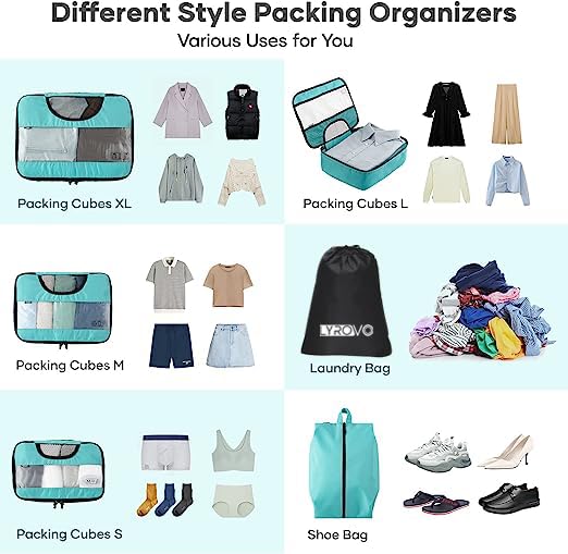 Image of Lyrovo Travel Organizer Packing Cubes - 6 Pcs Bags Set for Clothing Accessories Organiser Polyester (Blue)