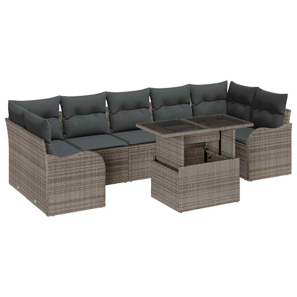 Set Divano da Giardino Modulare 8 Pezzi in Rattan Grigio | Salotto componibile con tavolo in vetro temperato e cuscini sfoderabili per arredare giardino, patio o terrazzo con stile.