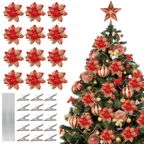Guirlande Sapin Artificiel avec Poinsettia Rouge - Fleur de Noel Artificielle pour Sapin de Noël – Décorations de Natale avec