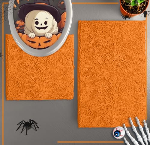 LuxUrux Bathroom Rugs Sets 2 Piece: Quick Dry, Soft Plush Anti-Slip, Super Absorbent. Includes Rectangular (31x20 inches) & U-Shaped Toilet Mat (20x20 inches) | Orange