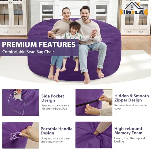 5FT Bean Bag Chair, Large Bean Bag Chairs with Memory Foam Filled, Fluffy Beanbag Sofa with Dutch Velvet Cover, Round BeanBag Chairs for Living Room, Playroom - Purple