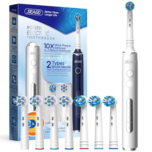 Seago Elektrische Zahnbürste mit 8 Runder Aufsteckbürsten, Rotierende Elektrische Zahnbürste mit 5 Putzmodi, Elektrisch Schallzahnbürste Zahnaufhellung in 14 Tagen, für Erwachsene Kinder(Weiß)