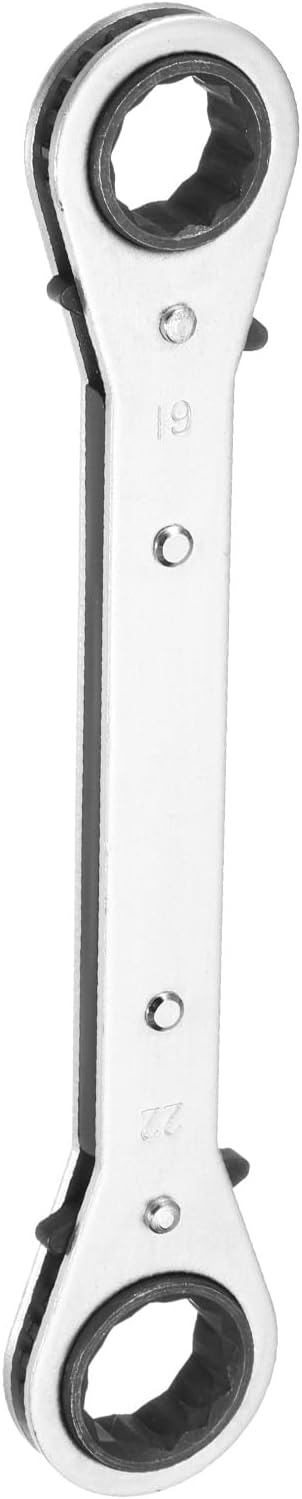 HARFINGTON Double Box End Reversible Ratcheting Wrench 19mm x 22mm CR-V Steel 180 Degrees Metric Double Head 12-Point 24-Teeth Adjustable Ratchet Gear Socket Spanner, Silver Grey