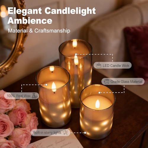 Image of LEDHOLYT Rechargeable Glass LED Flameless Candles, Embedded Star String Flickering Flameless Candles for Romantic Ambiance and Home Decoration with Remote & Timer(Gray)