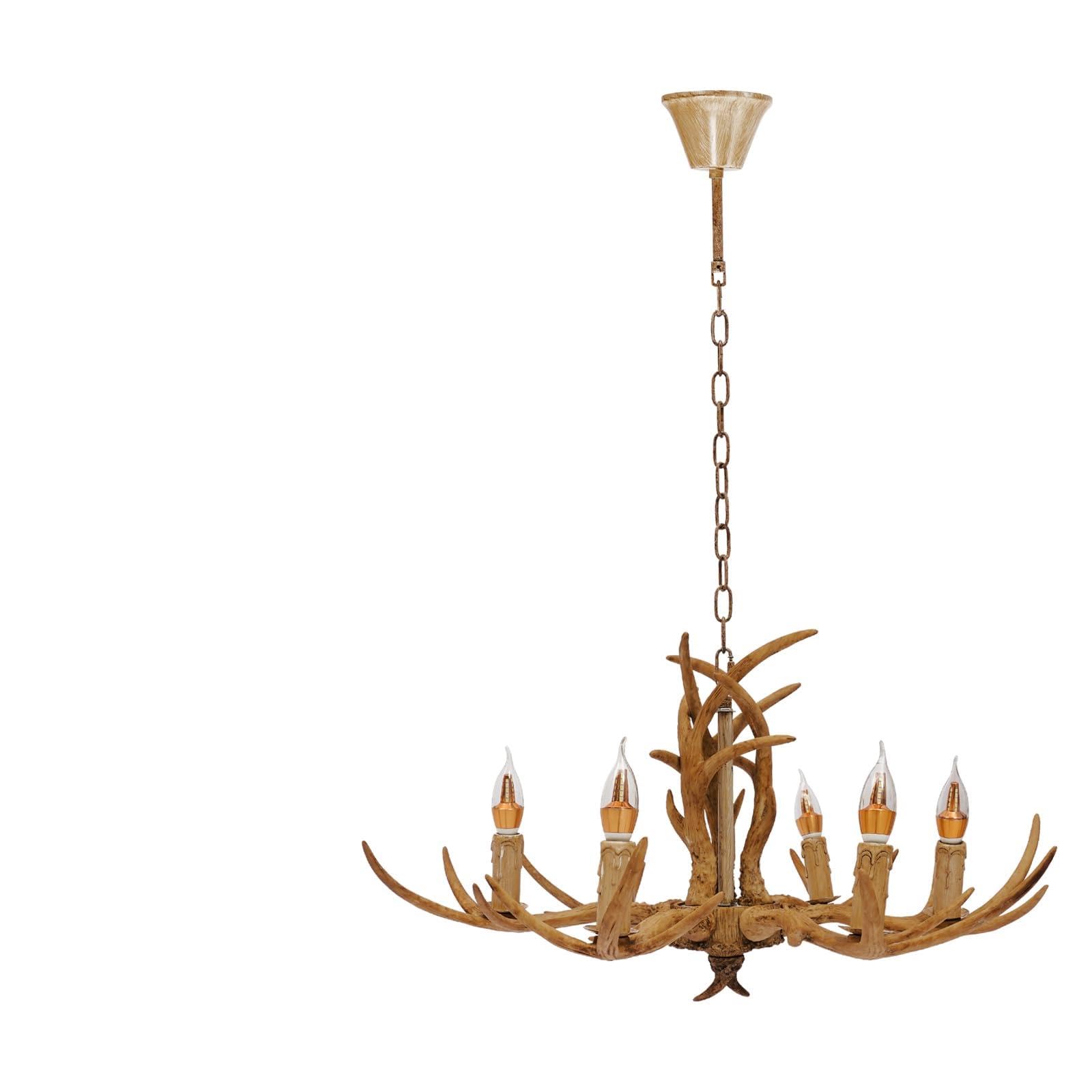 lieroda Faux Antler Chandelier, Vintage Rustic Resin Deer Antler Ceiling Light, 6 E14 Lamp Sockets, Adjustable Hanging Pendant Light for Living Room, Dining Room, Bar