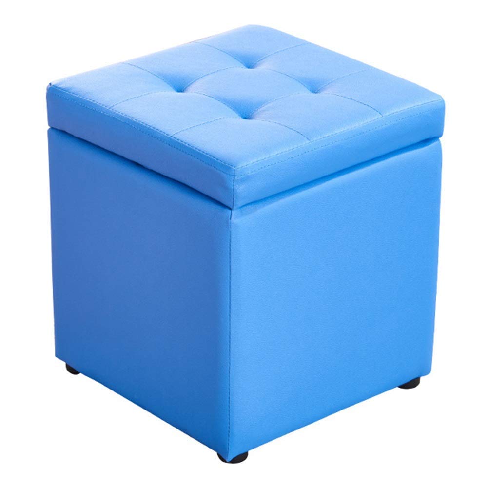 LMMIAOZ Blue Faux Leather Ottoman Footrest with Storage, Upholstered Cube Foot Stool, Solid Wood Support, 30x30x35cm - Stylish and Functional Home Decor