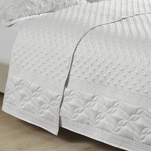 CROSCILL Quilt Set Luxe Ornamental Motif Embroidery Quilting, Oversized Coverlet for King Size Bed, Matte Satin, All Seasons, Lightweight Microfiber Coverlet Bedspread, Shams, Versailles Grey 3 Piece