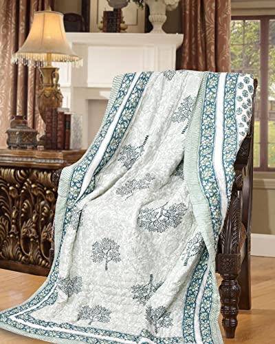 Image of BLOCKS OF INDIA Cotton Single Size Quilt Hand Block Print for Light Winters (60X90 Inches) (Green Tree), Lightweight, 300 TC