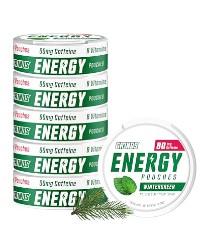 Grinds Energy Pouches - Natural Caffeine Pouches - Contains B-Vitamins, Sugar-Free, & 0 Calories - 80mg of Caffeine in Each Pouch - Wintergreen - 6 Pack, 15 Pouches Per Can