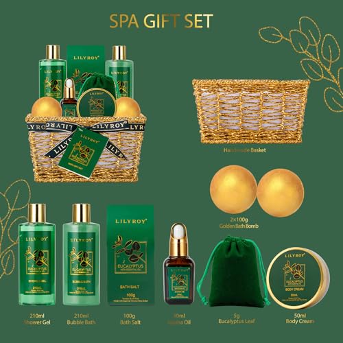 Bath and Body Gift Basket for Valentines Day Gifts - 10-Piece Eucalyptus Luxury Spa Set for Women & Men, Relaxation Ideal for Mothers Day, Fathers Day, Birthday, Christmas Gift for Her & Him