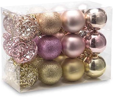 AUXO-FUN 2.36"/60mm shatterproof Christmas Ball Ornaments Tree Decoration Baubles Set of 24 Counts (Champagne,Queen Pink & Gold)