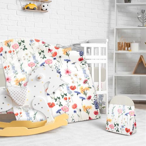 Image of Oudain 4 Piece Spring Flower Crib Bedding Set Including Spring Wild Flower Crib Skirt, Blanket, Sheet and Diaper Stacker, Soft Neutral Nursery Standard Size Baby Bedding for Baby Girls and Boys