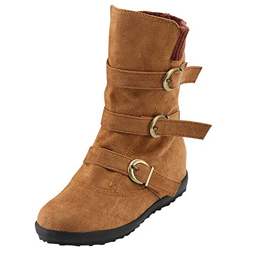 Noldares Boots For Women Winter Round-Toe Buckle Strap Zipper Boots Flats Low-Heeled Western Combat Mid Calf Boots, Brown, 8 #TOP4