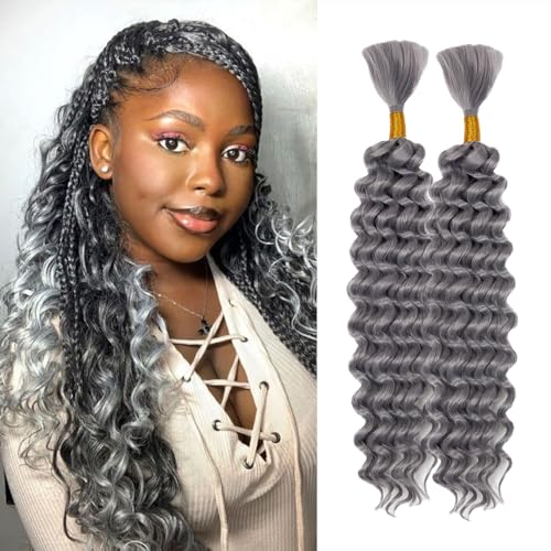 Deep Wave Bulk hair for Braiding Wet and Wavy Micro Braiding Hair No Weft Faux Deep Wave Braiding Hair Extensions for Box Boho Braids 150g with 2Bundles #grey (18Inch)