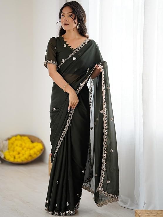 Image of Star Georgette Saree with Sequin Embroidery Work and Embroidered Blouse (Star-104)