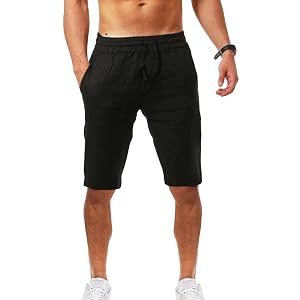 Maiyifu-GJ Mens Linen Casual Classic Fit Shorts Summer Lightweight Elastic Waist Short Drawstring Workout Gym Yoga Shorts Black