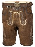 Herren Trachten Lederhose in braun - Kurze Bayerische Lederhose Ziegenleder + Trachten Gürtel inkl. Gürtelschnalle in Bayern Optik - ohne Lederhosen-Träger, Größe 48