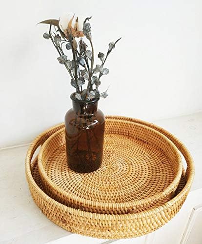 Rattan Handwoven Round High Wall Severing Tray Food Storage Platters Plate with Handles for Breakfast, Drinks, Snack for Coffee Table(S-30cm)