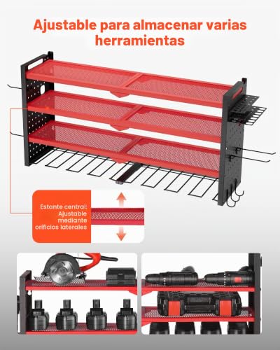 Miniatura 3 de Vevor Organizador De Herramientas Eléctricas De Pared, Estante De Almacenamiento De 4 Capas Con 8 Portabrocas, Con Tableros Perforados Laterales, Para Garaje, Banco Y Taller, Rojo Brillante Mate