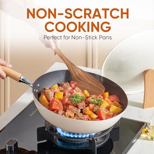 Image of EZuncle 6 Piece Wooden Cooking Spoon Set - Ideal for Non-Stick Pans, Heat Resistant Solid Wood, Smooth Teak Cutlery for a Comfortable Grip - Lightweight and Durable - Easy to Clean(6 PCS Large)