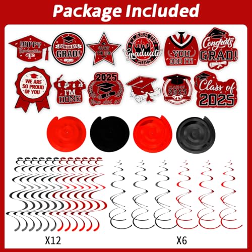 Image of Graduation Hanging Swirls, Graduation Decorations Class of 2025, 30 PCS Red and Black Graduations Party Decoration Congrats Grad Hanging Swirls Ceiling Streamers for School Graduations Party Supplies