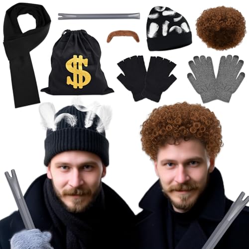 10 Pcs Christmas Costume Funny Movie Costume 2 Set Thief Accessories Include Knitted hat Scarf Afro Wig Mustache Gloves White Feathers dollar sign money bag Crowbar Toy for Halloween Cosplay Party