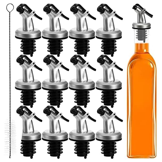 Tebery 12 Pack Olive Oil Pour Spouts Wine Bottle Pourer with 4 Cleaning Brush, Oil Bottle Dispenser Stopper Tapered Liquor Pourers for Olive Oil, Wine, Vinegar, Soy Sauce