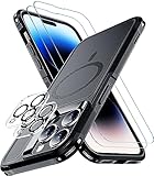 Temdan Magnetic for iPhone 14 Pro Case,[Compatible with MagSafe][Glass Screen Protector+Camera Lens Protector] Non-Slip Full-Body Shockproof Phone Case-Black