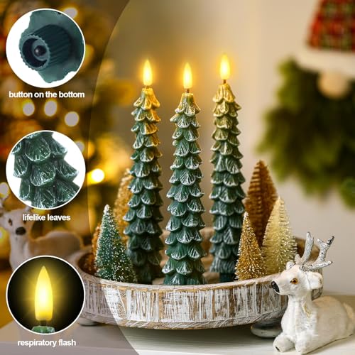 Image of Funtery 6 Pcs LED Christmas Tree Flameless Taper Candles Real Wax Battery Operated Candlestick Lights with 3D Flame and Remote Timer Window Fireplace (Frosted Green,Christmas Tree)