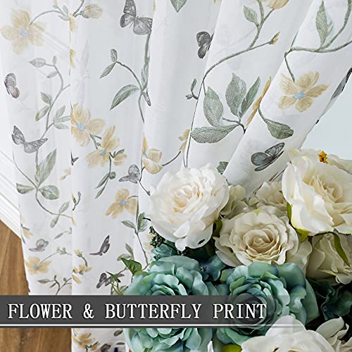 Tollpiz PTHDYELLOW5445 Sheer Floral Curtains Yellow Flower Butterfly Printed Bedroom Curtain Rod Pocket Voile Faux Linen Short Window Curtains For Living Room, 54 X 45 Inches Long, Set Of 2 Panels thumb #2