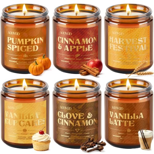 AOOVOO Fall Candles Set - 6 Pack Autumn Candle Gift for Home Scented, 42 oz Soy Wax Scented Candle, Pumpkin Spice/Cinnamon Apple/Vanilla Cupcakes/Harvest Festival/Clove Cinnamon/Vanilla Latte