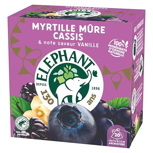 Elephant, Infusion Aromatisée, Goût Myrtille Mure Cassis & Vanille, Certifié Rainforest Alliance, Ingrédients d'Origine 100% Naturelle, 20 Sachets Pyramid