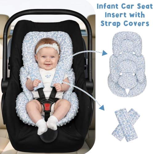 Image of Infant Car Seat Insert Head and Body Support, GFU Reversible Newborn Insert for Carseat with Strap Pads, Soft Stroller Cushion Pillow Insert for Boys and Girls, Fits for Stroller, Swing, Blue Flower