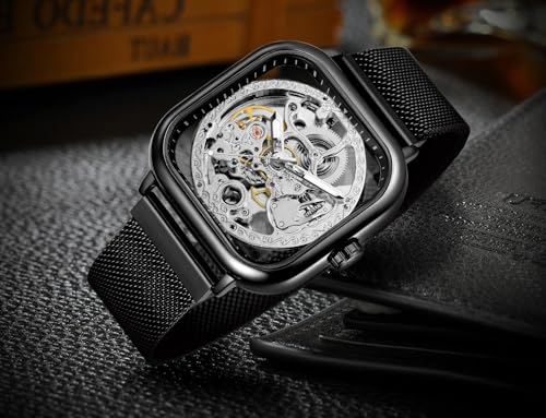 Image of Luxury Automatic Mechanical Watch, Square Skeleton Dial, Stainless Steel Mesh Band, Self-Winding Movement, Classic