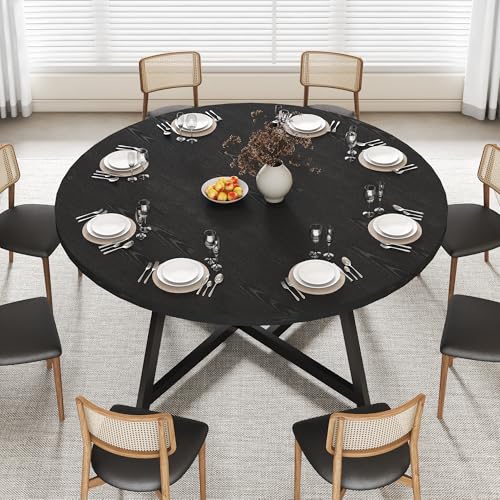 Bvldfamly Mesa de comedor redonda de 59 pulgadas para 4 a 8 pulgadas, mesas redondas de madera con soporte industrial, mesa de cocina con mesa impermeable, color negro