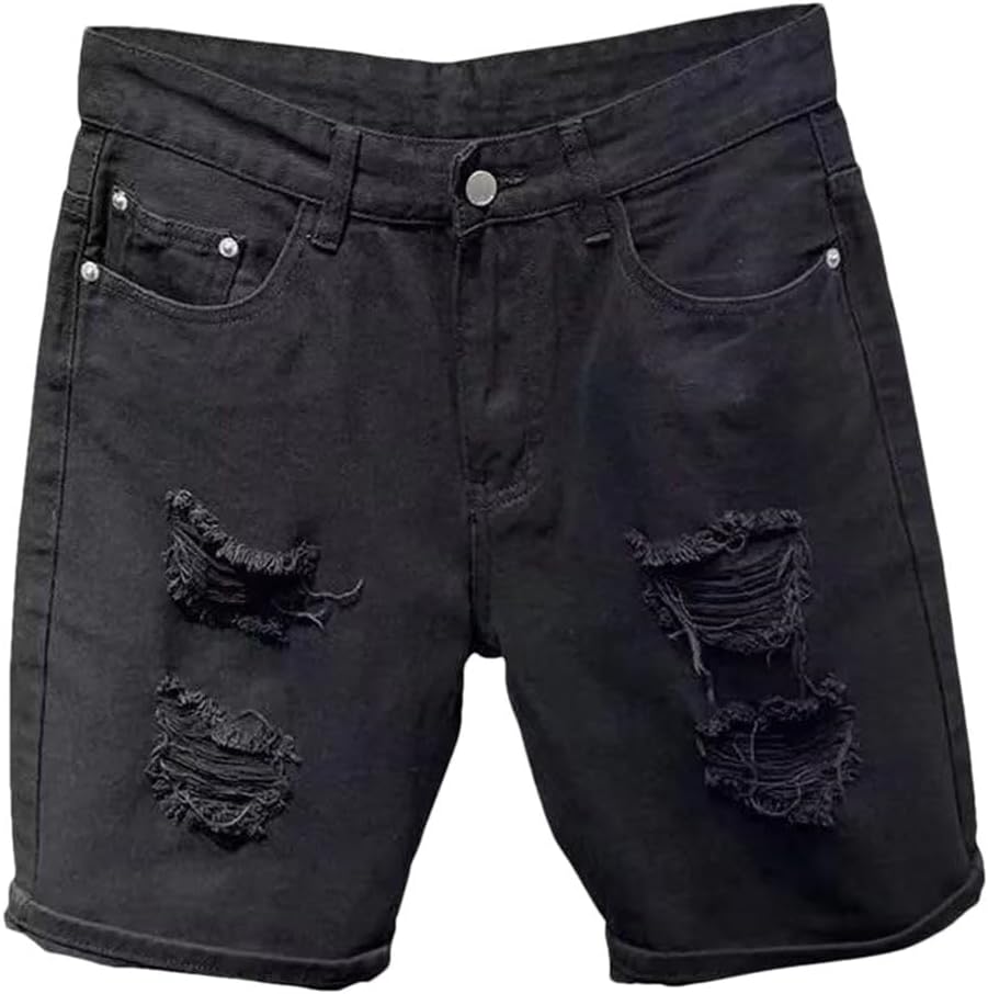 Men's Classic Denim Shorts Solid Hole Slim Fit Five Points Cuffed Hems Jean Outdoor Beach Shorts