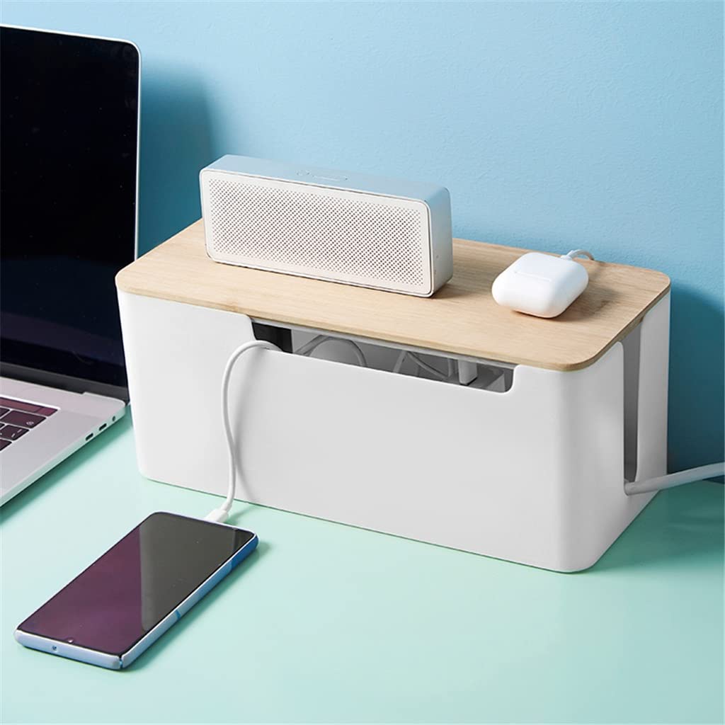Caja de cables con cubierta de madera, regleta de alimentación, cargador de escritorio, organizador de escritorio, tablero de almacenamiento