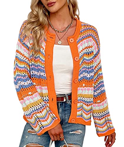 Image of xxxiticat Women's Rainbow Knitted Cardigan Sweater Long Sleeve Multicolor Striped Sweater Jumpers Open Front Jacket